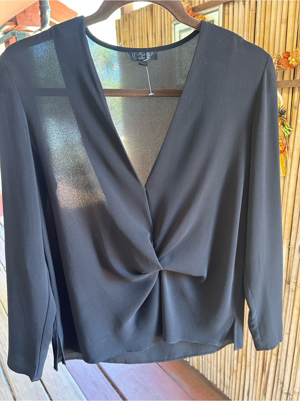 Topshop Black Twist-Front Long-Sleeve Blouse